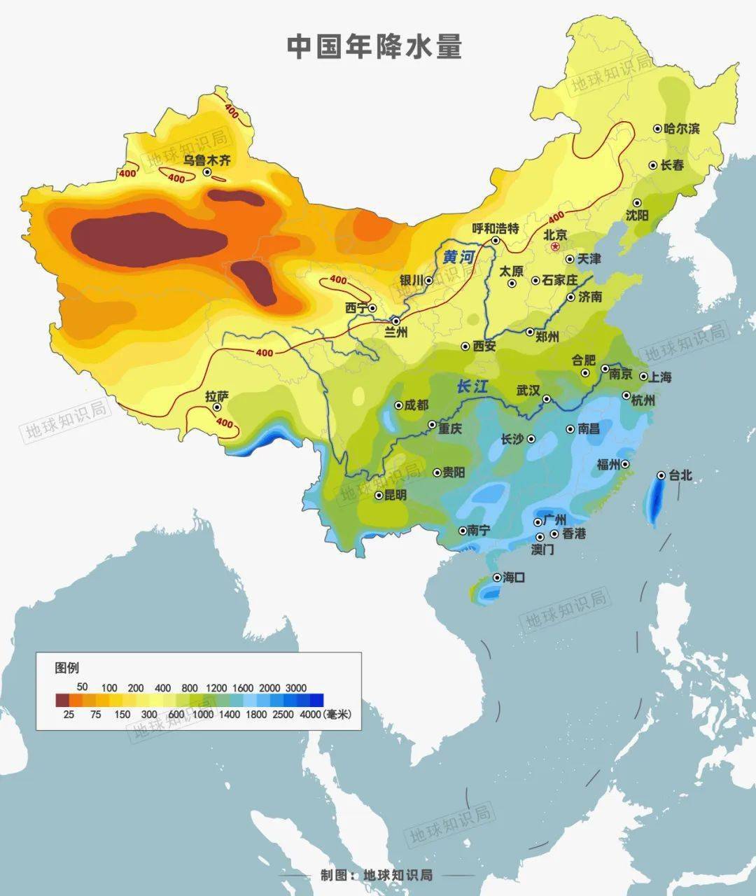 中国地图400mm降水量线图片