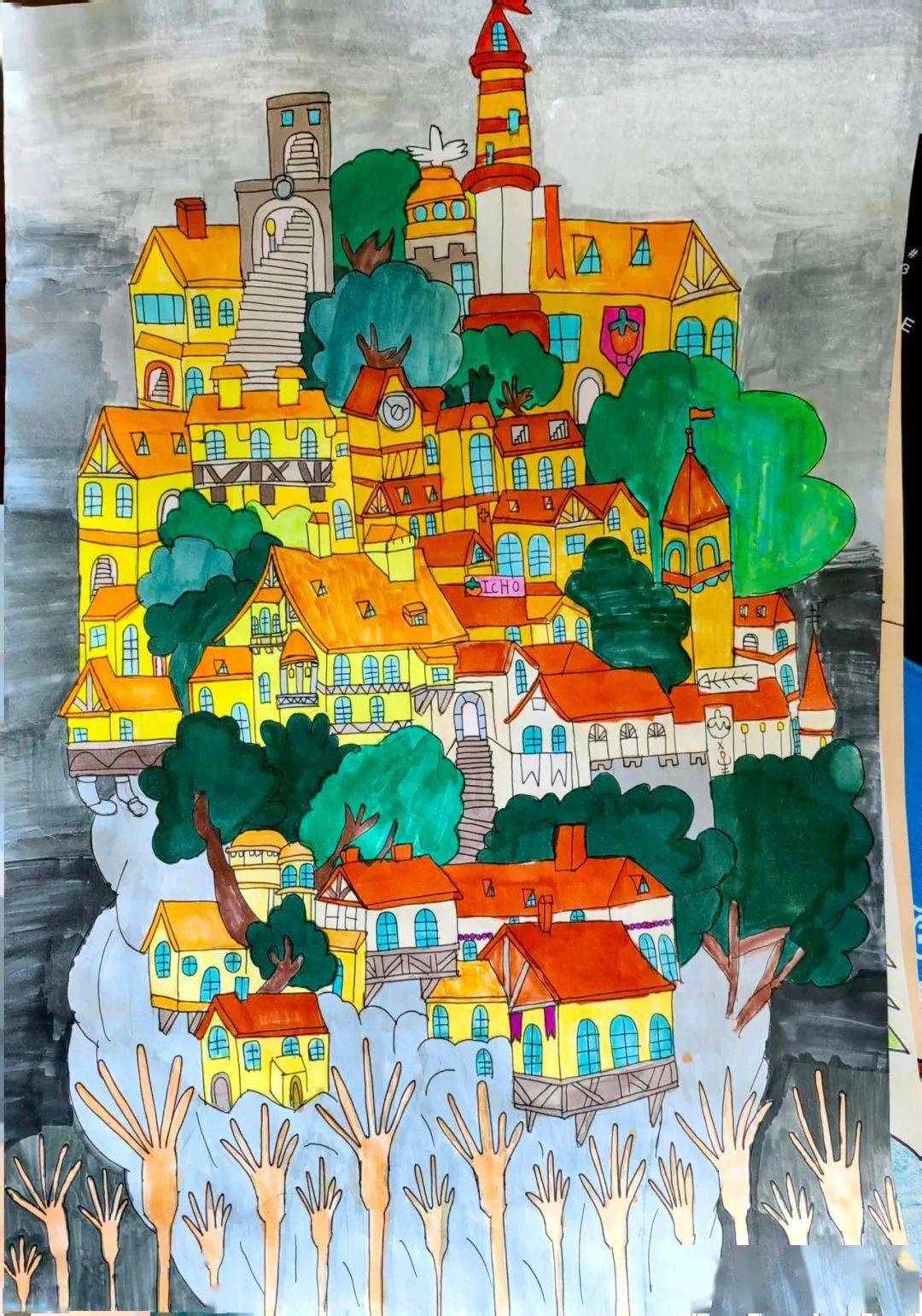 作品名称:《烟城·雾都》(三等奖)学生姓名:张梦婷 12岁学 校:银川市