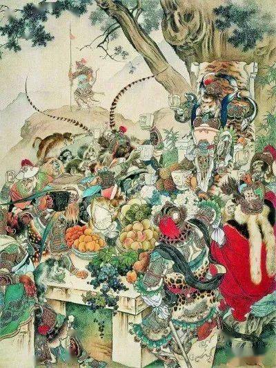 《大闹天宫·下界为王会亲朋》中,刘继卣描绘了美猴王花果山宴饮场景