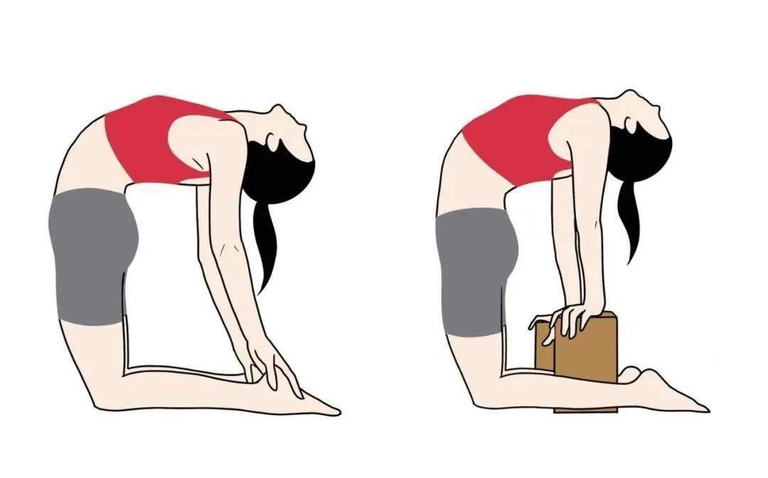 骆驼式上半身向后弯,如果手无法碰到地面,就把手放在瑜伽砖上先来到