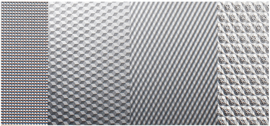 火花纹(模具型腔用铜工放电加工形成),各种图案的蚀纹面(晒纹面)和