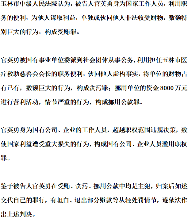 收受好处费超五千万玉林市第一人民医院原院长官英勇获刑22年