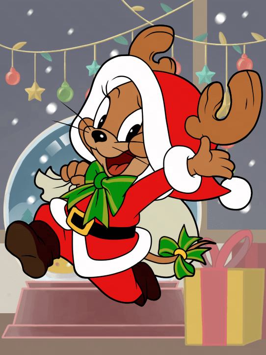 杰瑞·圣诞快乐图茨身披红色披风,系着蝴蝶结,戴着小铃铛,在圣诞派对