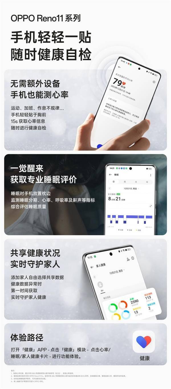 无需手环手表等设备！OPPO Reno11可手机直接测心率和睡眠(图1)
