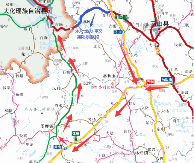 02繞行方案2:g210線往都安方向←→從都安縣紅渡大橋進入s211←→s211