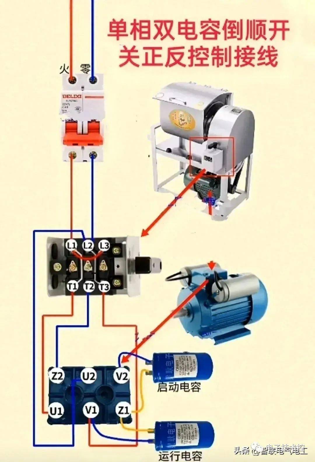 實物彩圖接線電路圖6,倒順開關控制電機正反轉實物彩圖接線電路圖8